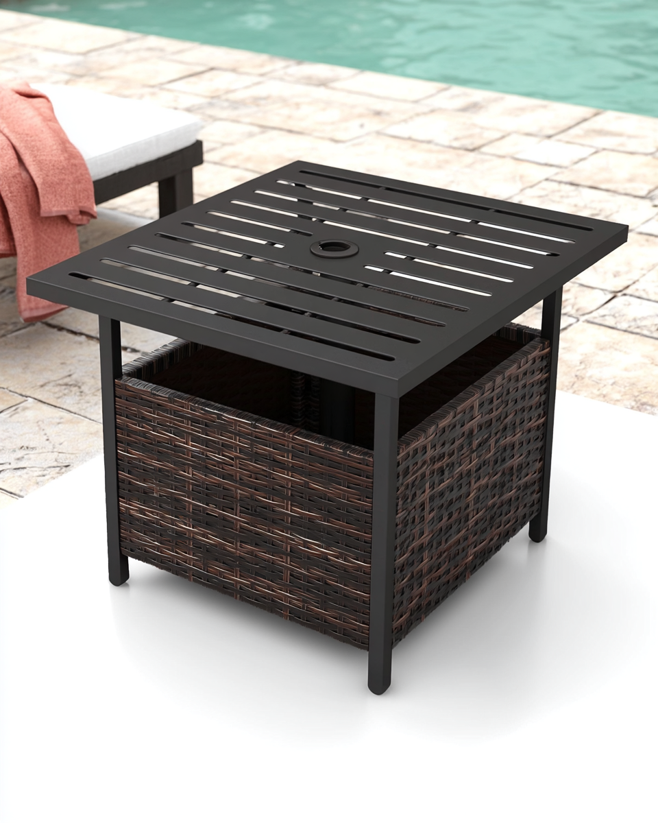 Black metal-top side table with a woven wicker base and umbrella hole, set beside a pool with a folded towel on top