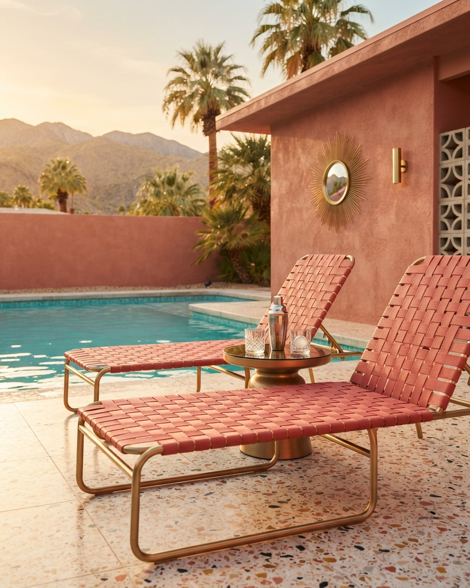 Sunlit terracotta poolside patio with a turquoise pool, striped lounge cushions, and warm clay-toned walls