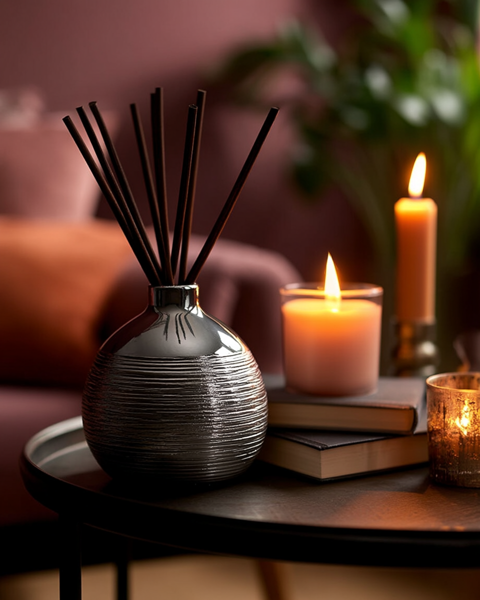 Textured pewter-silver ceramic reed diffuser vessel with dark reeds, styled beside lit candles