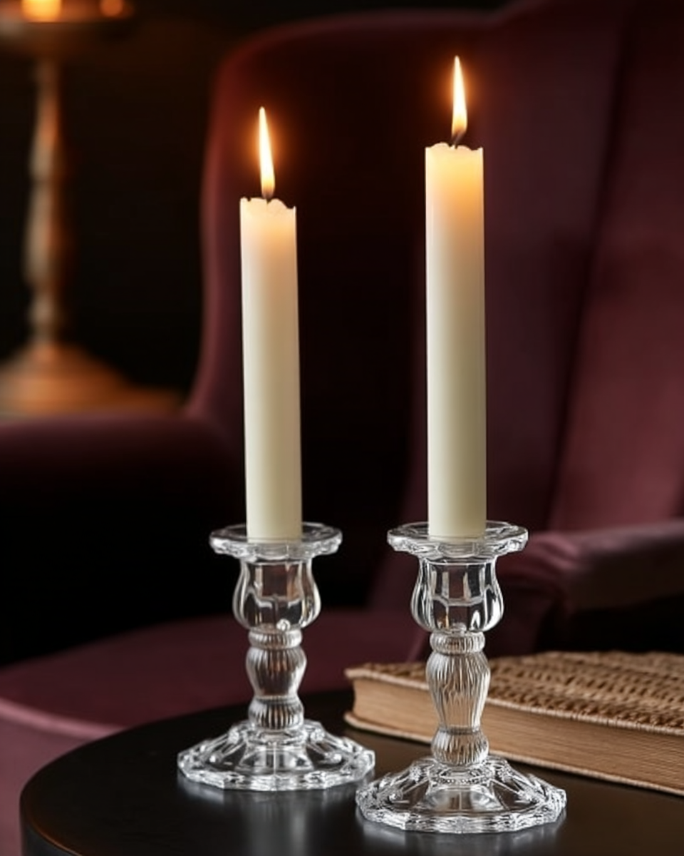 Pair of tall cut-crystal candlesticks with a scalloped base, lit tapers glowing beside a stack of books