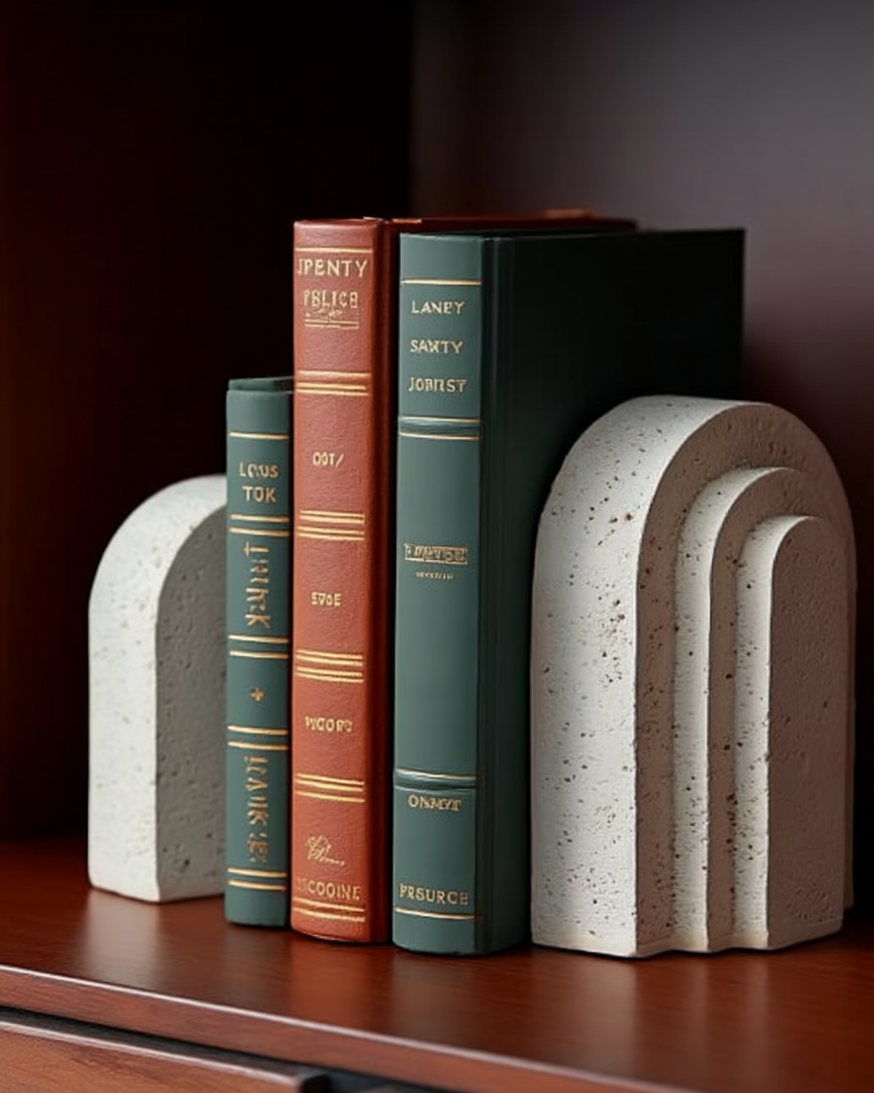 Pair of arched travertine-textured resin bookends holding up a stack of colorful hardcover books