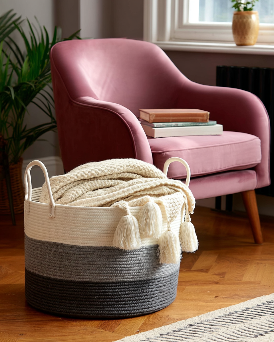 Round ombre-striped woven cotton rope basket with tassel handles, holding a folded cream knit blanket