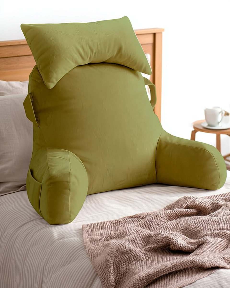 Olive green reading backrest pillow with arms and a matching lumbar pillow, propped against a wooden headboard on a made bed