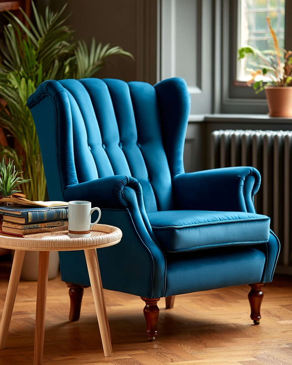 Round rattan-topped side table holding a mug and a stack of books beside a velvet armchair