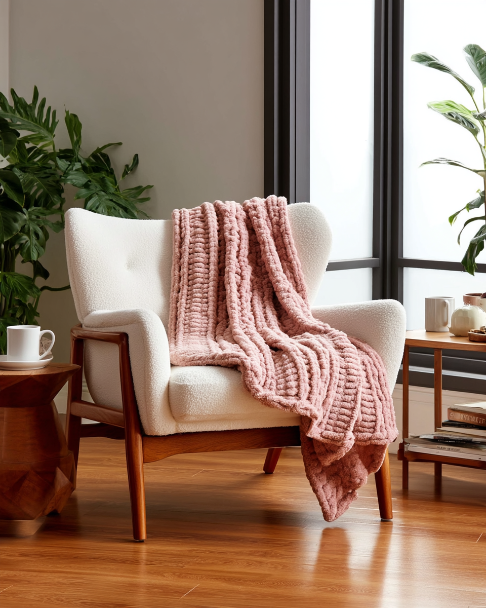 Chunky ribbed dusty rose mauve knit throw blanket draped over a cream boucle wingback armchair