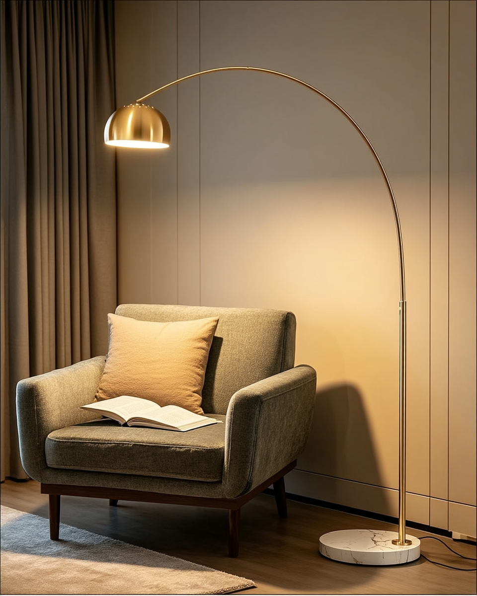 Tall brass arc floor lamp with a small dome shade, arcing over an armchair with an open book