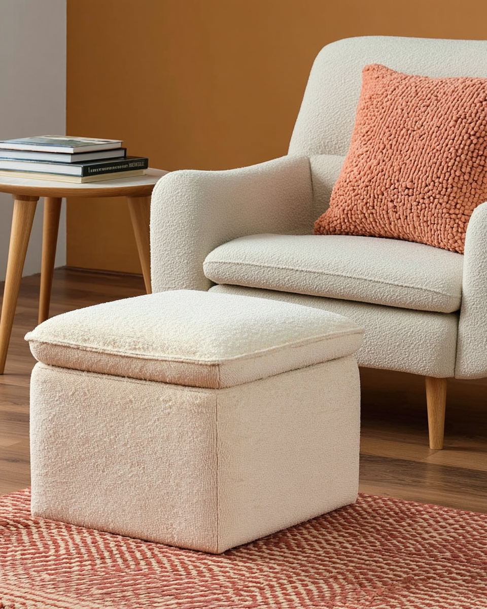 Square cream boucle storage ottoman with a pillow-top lid and an orange accent pillow, beside a boucle armchair