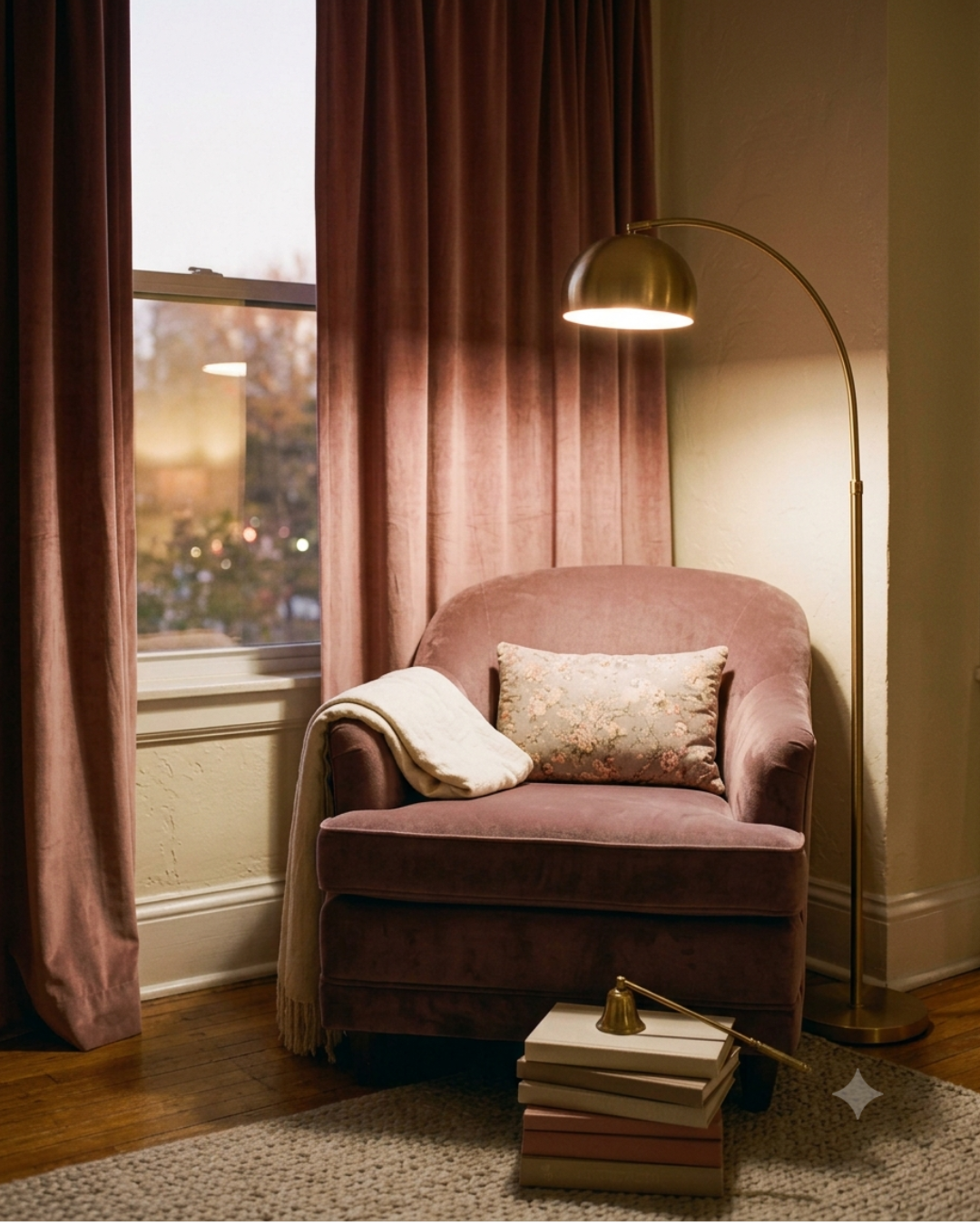 Moody mauve velvet armchair by a window with a brass arc floor lamp, a stack of books, and a cream throw
