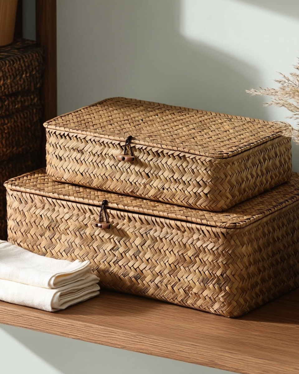 Two stacked seagrass wicker storage baskets with woven lids and wood toggle clasps