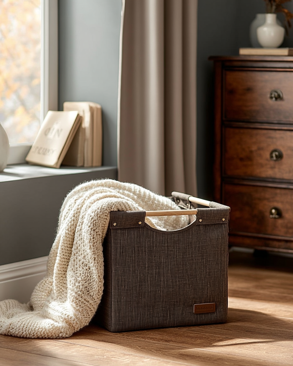 Charcoal grey woven fabric storage cube with wood dowel handles
