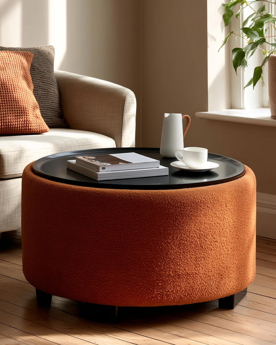 Round burnt-orange bouclé storage ottoman with a black lift-off tray top