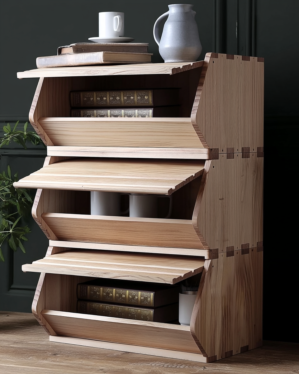 Three stacked natural ash wood storage chests with angled flip lids and dovetail joinery