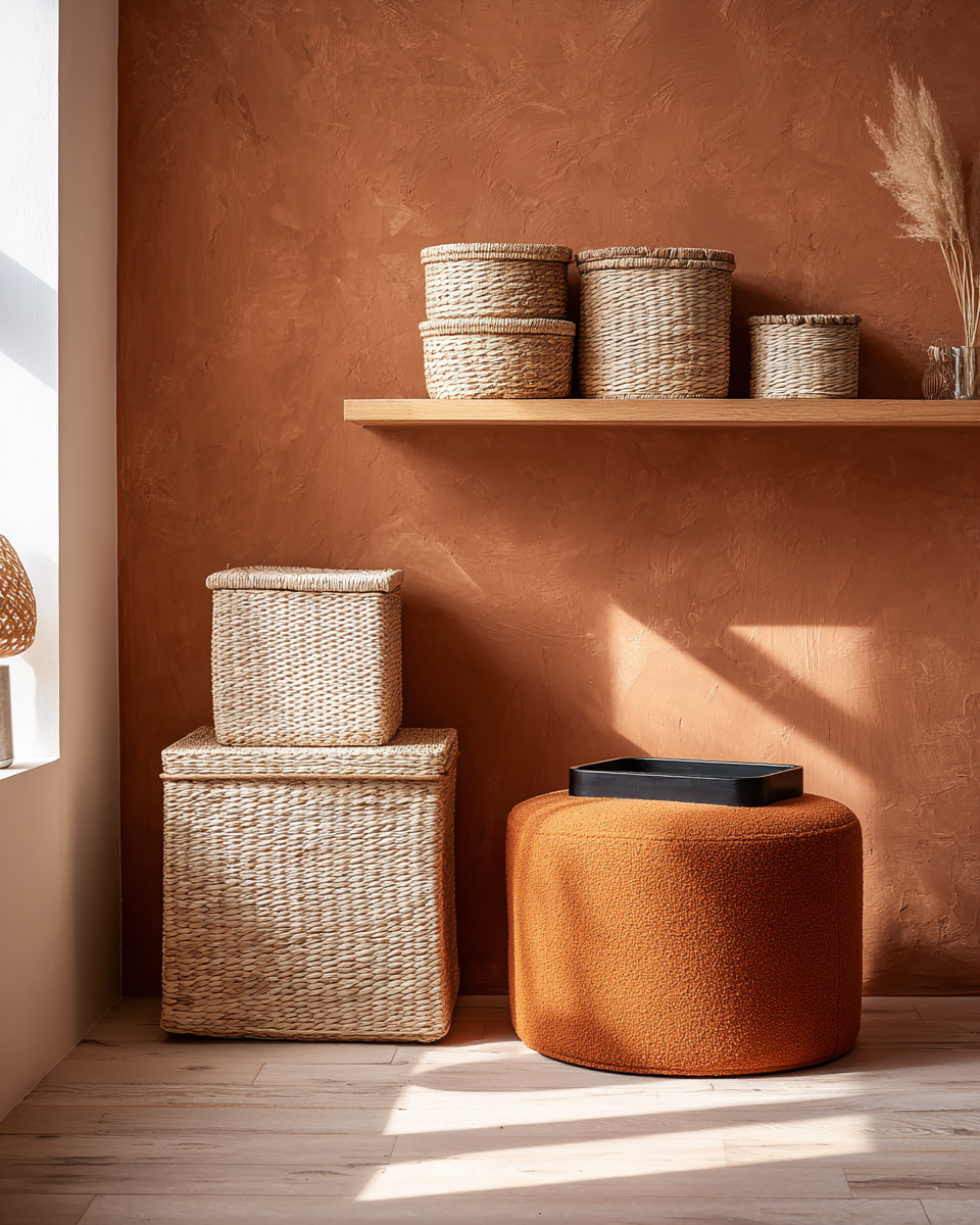 Sunlit warm minimalist corner with layered aesthetic storage — woven baskets, a stacked wood chest, and a burnt-orange bouclé ottoman
